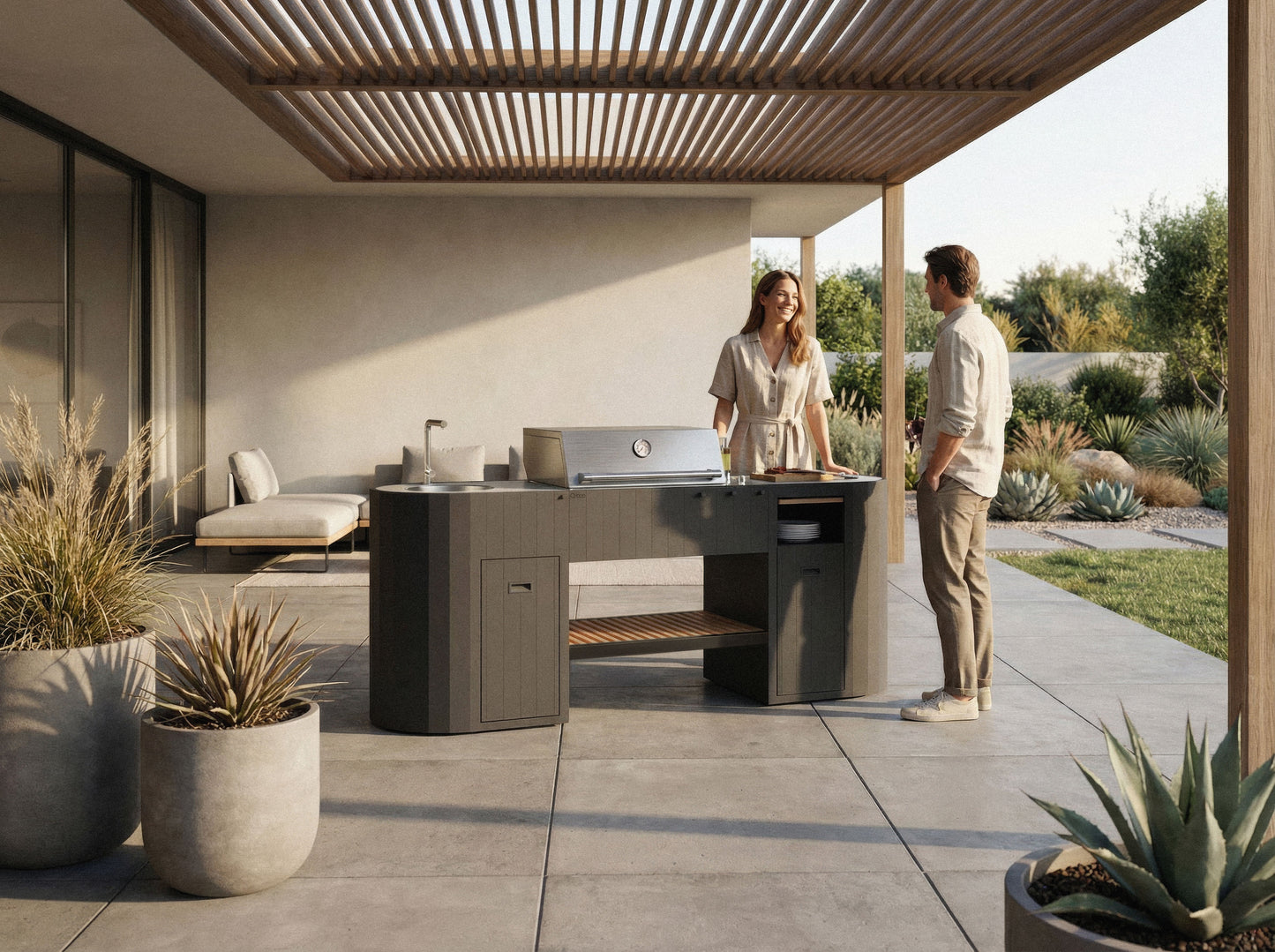 Couple talking at the OVO GL outdoor kitchen under a wooden pergola