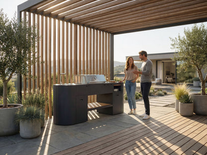 OVO GL outdoor kitchen on a terrace, couple standing beside it