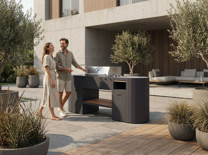 Couple by the OVO GL outdoor kitchen in a modern backyard