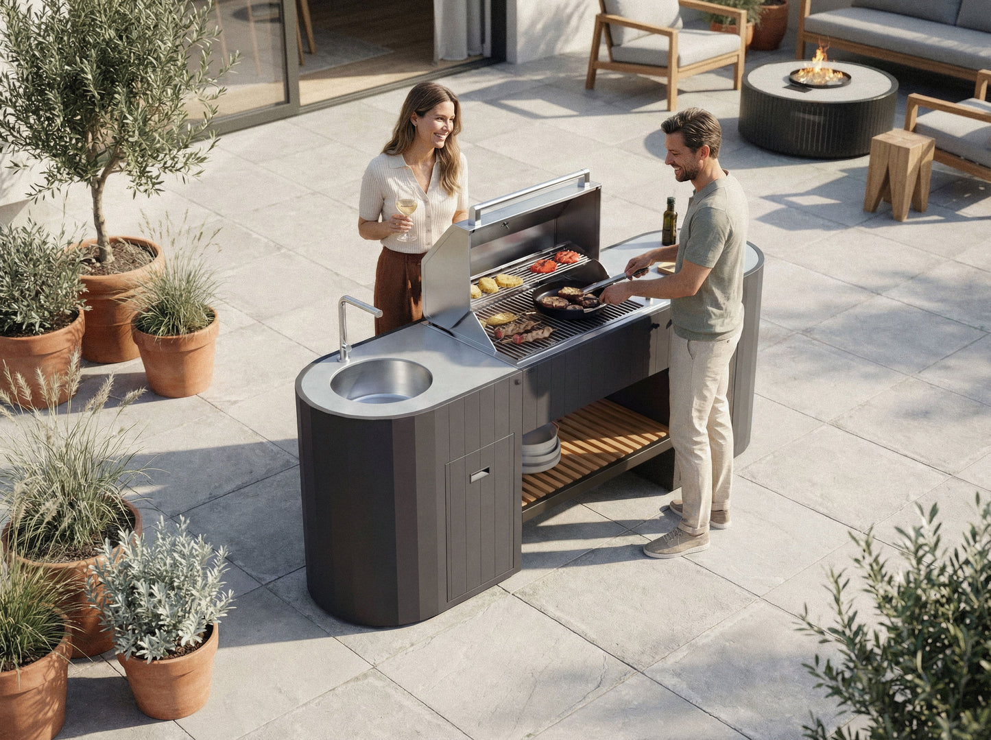 Grilling food on the OVO GL outdoor kitchen, top view of the grill in use