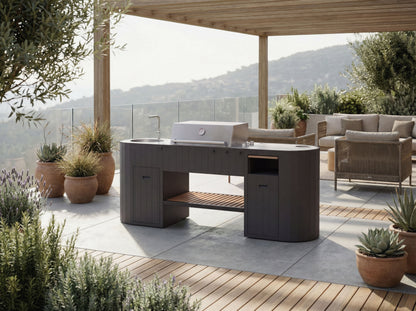 OVO GL outdoor kitchen on a rooftop terrace with lounge furniture