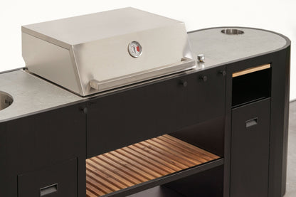 OVO GL - stainless steel gas grill module and thermopine wooden shelf, close-up