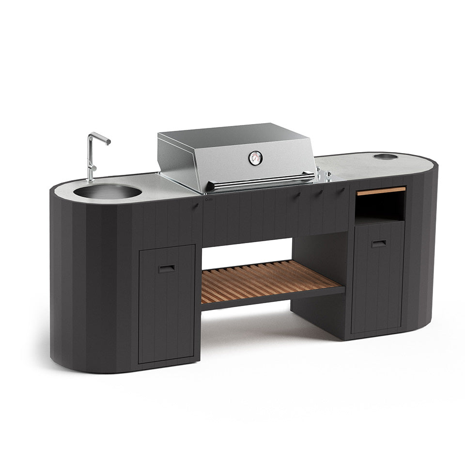 OVO GL outdoor kitchen with stainless steel gas grill, sink and Dekton worktop - studio packshot